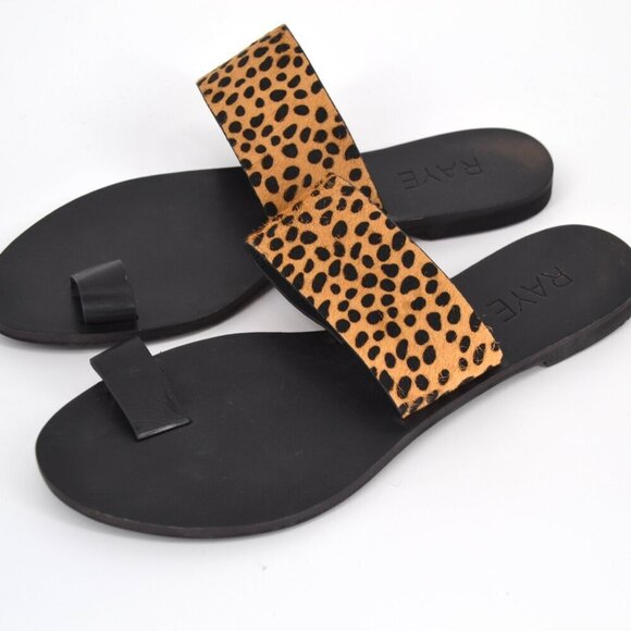 Raye Leopard Slides Sandals Flats Toe Ring Calf Hair Tan and Black Women's 37.5 - Picture 4 of 8